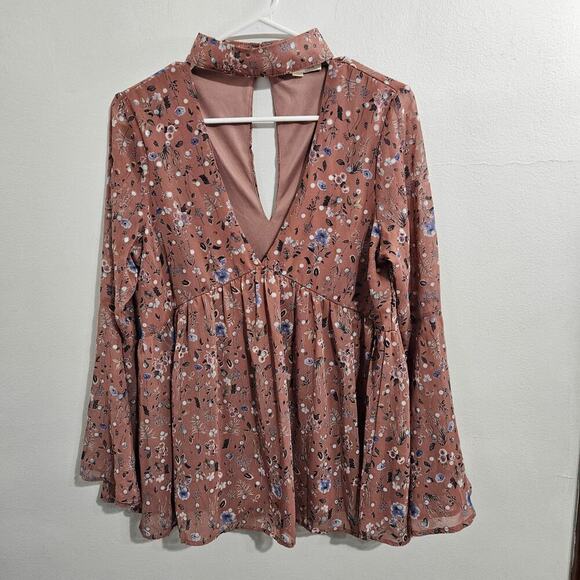 Boho Floral V-Neck/Choker Neck Womens Pink Babydoll Flowy Top Bell Sleeve Size S - Picture 9 of 9